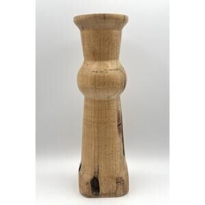 Handmade Carved Butternut Wood Candle Holder 13.5" Signed Natural Pillar Rustic